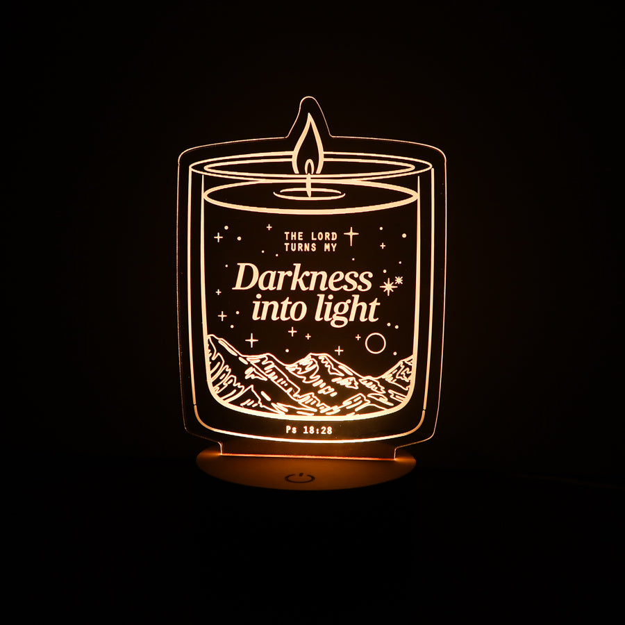 Christian night light with candle design engraved with ‘The Lord Turns My Darkness Into Light’ from Psalm 18:28 – faith-inspired LED lamp from The Commandment Co