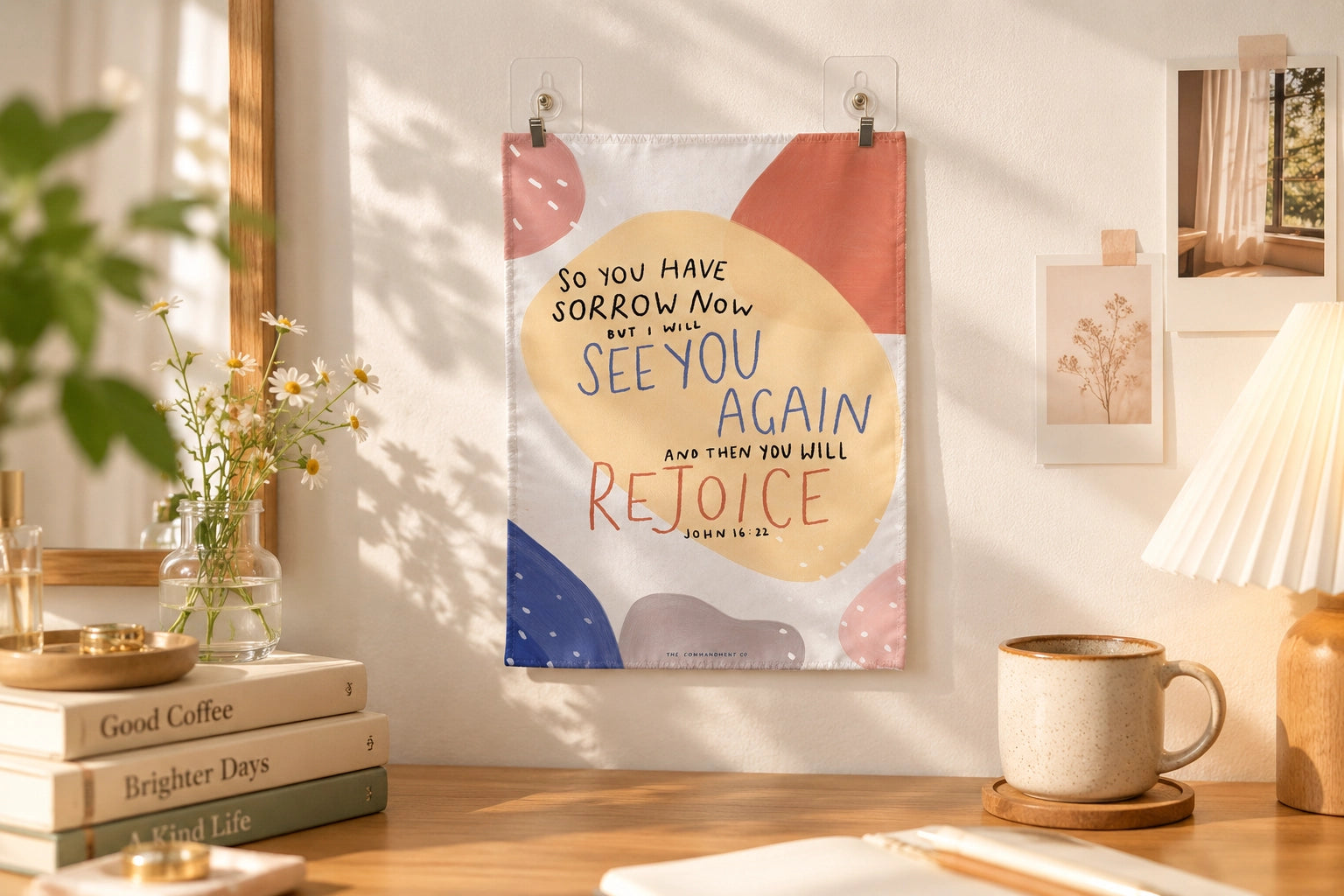 Then You Will Rejoice small wall tapestry clipped to a wall above a desk.