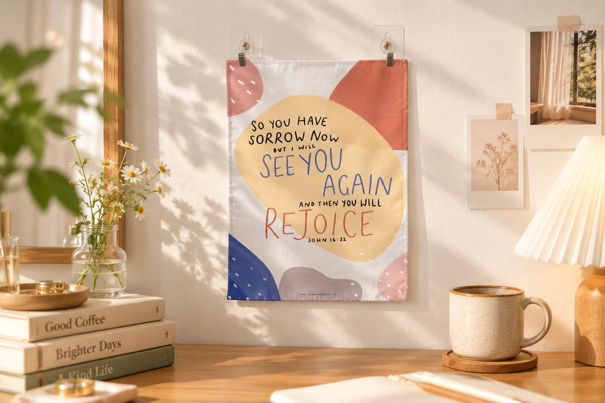 Then You Will Rejoice small wall tapestry clipped to a wall above a desk.