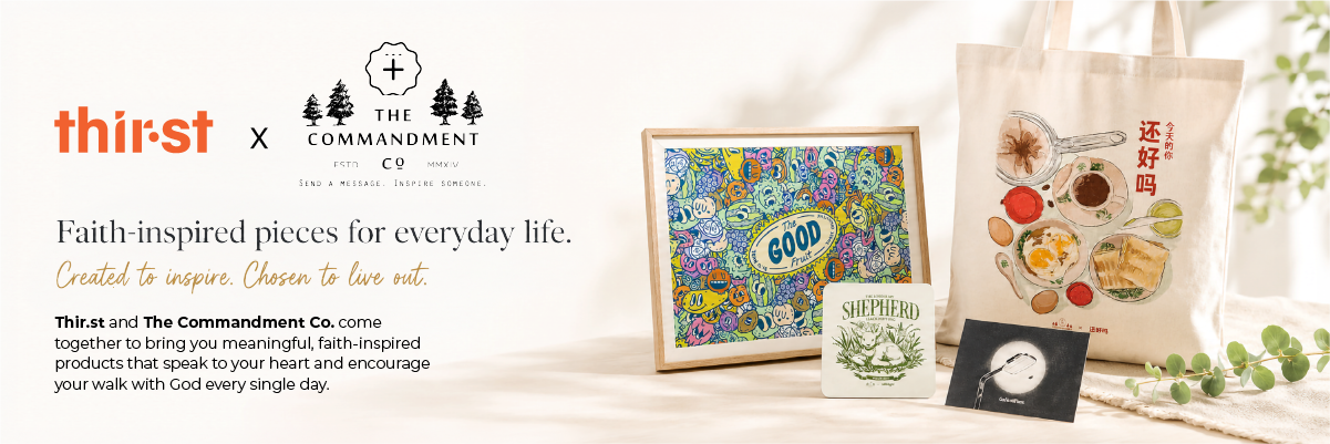 Thir.st x The Commandment Co collaboration banner featuring faith-inspired Christian gifts created to encourage everyday life and faith