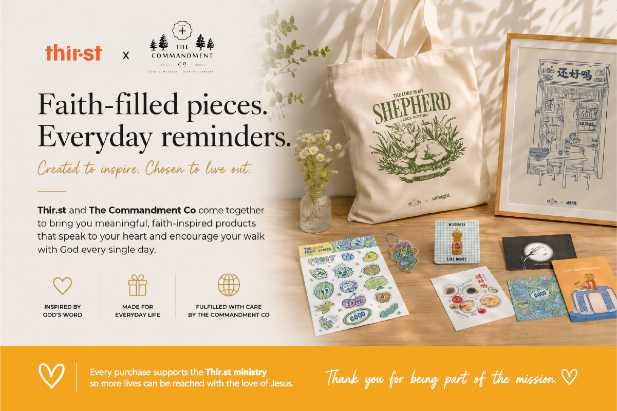 Thir.st and The Commandment Co collaboration banner featuring faith-filled Christian gifts, tote bag, stickers, art prints, cards, and everyday reminders