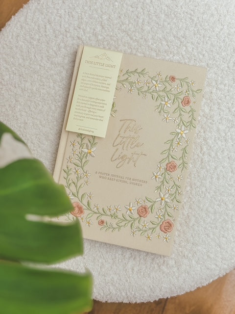 This Little Light prayer journal for mothers with floral embroidered cover and bookmark tag