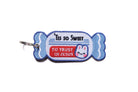 Embroidered candy-shaped Christian keychain with “’Tis So Sweet to Trust in Jesus” design and bunny illustration