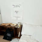 Minimalist wall tapestry with the message "Today is gonna be a wonderful day," hand-drawn bread illustrations, and Jeremiah 31:3 Bible verse, displayed above a cozy breakfast nook with bread, coffee, and Christian decor.