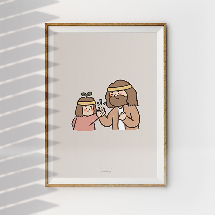 Framed artwork showing Jesus and a child sharing a high-five, capturing a moment of joyful connection and support.