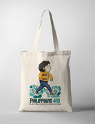 Christian tote bag collaboration between John Euclid and The Commandment Co featuring illustrated character walking on waves while holding a Bible with the verse Philippians 4:13 about strength through Christ