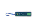 Front view of Train Station Peace Christian acrylic keychain featuring John 13:34 and blue ball chain