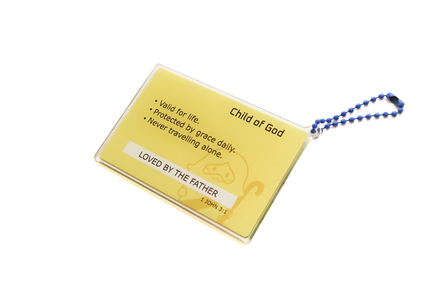 Angled back view of Child of God transport card acrylic keychain with blue ball chain