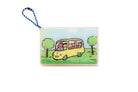 Front view of Transport Card Jesus Loves Me acrylic keychain with yellow bus illustration