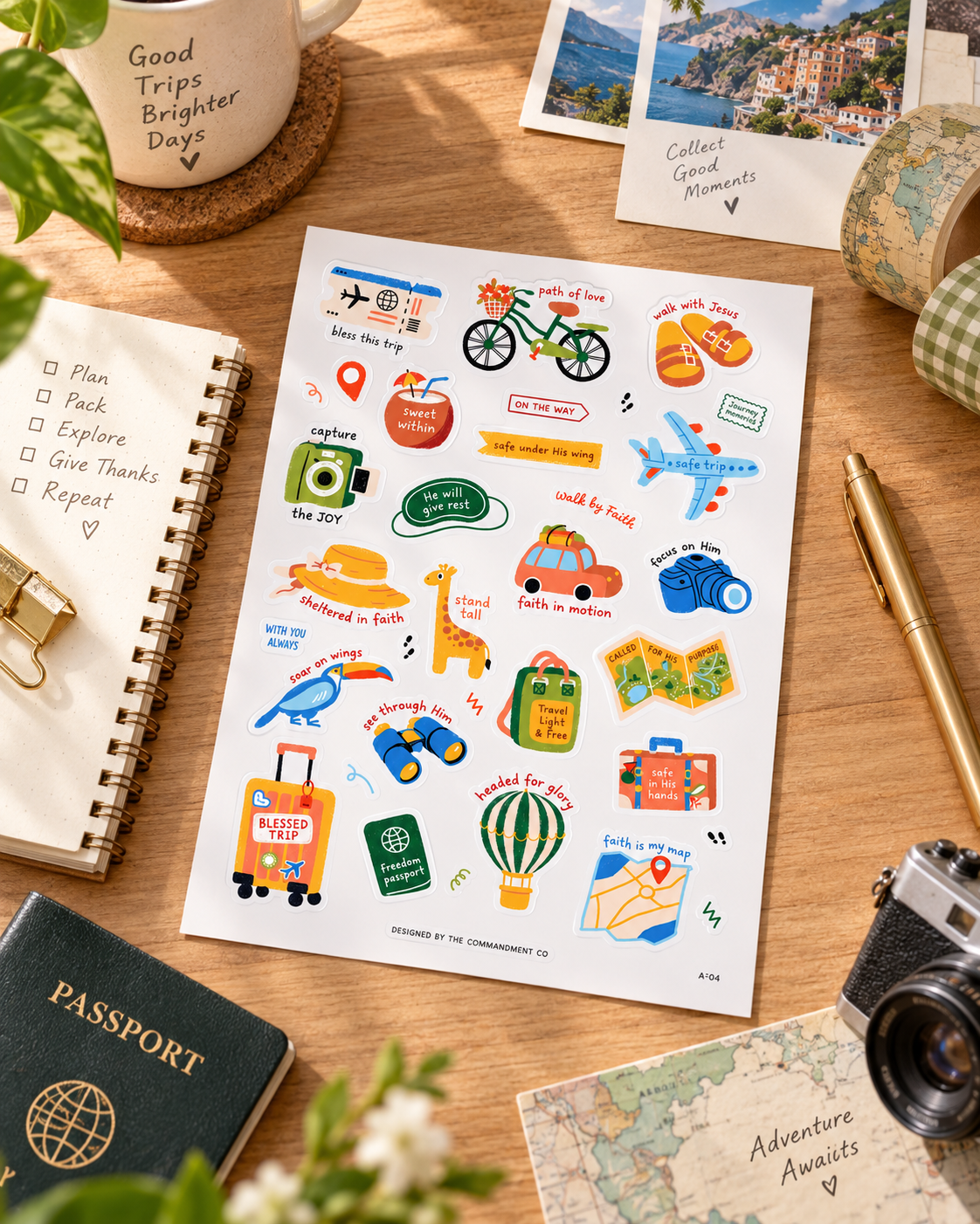 Travel Everyday Stickers sticker sheet styled on a wooden desk with a travel journal, passport and camera.