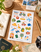 Travel Everyday Stickers sticker sheet styled on a wooden desk with a travel journal, passport and camera.