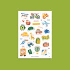 Travel Stickers Sticker Sheet with transparent background featuring faith-inspired travel designs like “Bless This Trip,” “Walk with Jesus,” and “Safe Under His Wing” by The Commandment Co.