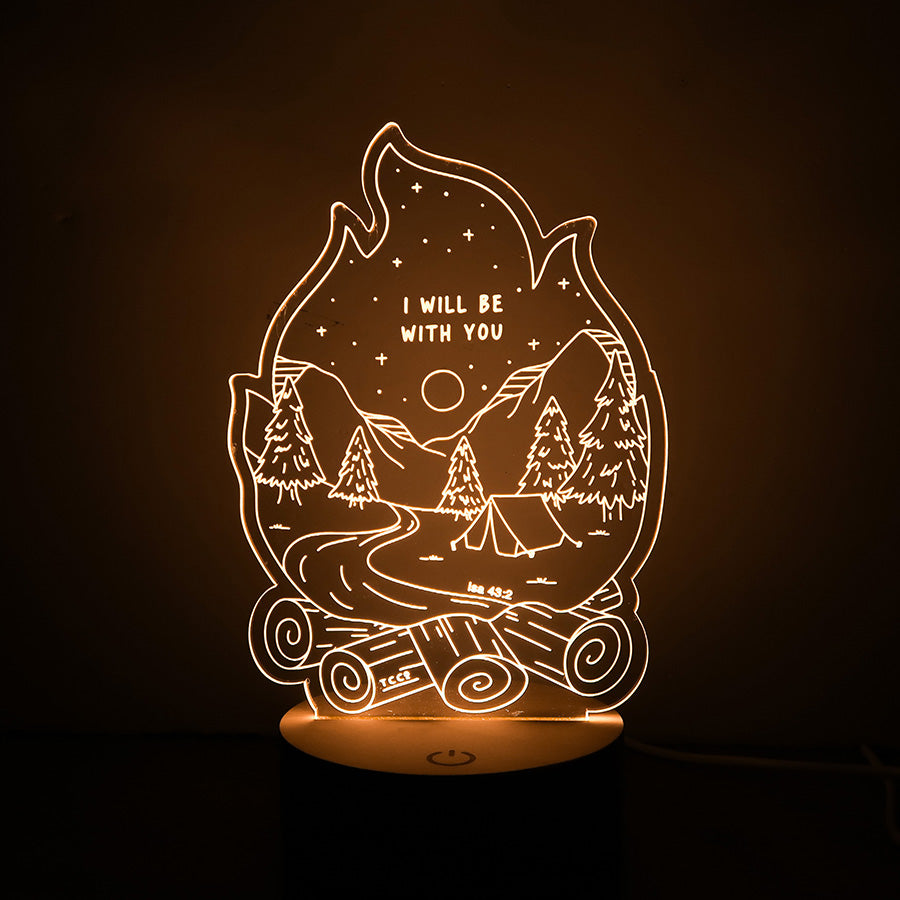 Christian LED lamp shaped like a flame with a camping scene, mountains, a tent, and Isaiah 43:2 verse: 'I will be with you.'