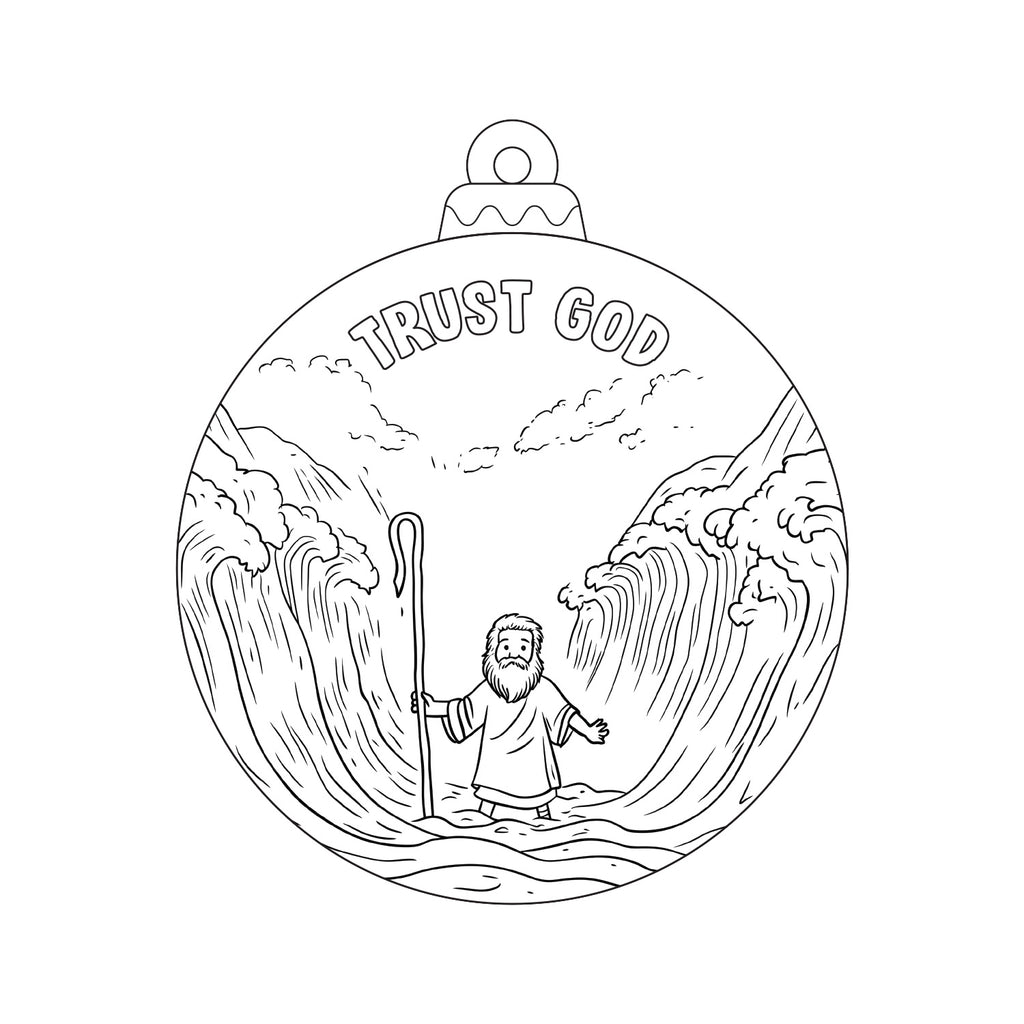 Christian coloring page depicting Moses parting the Red Sea with the phrase 'Trust God' above the scene, designed for children and families to enjoy.