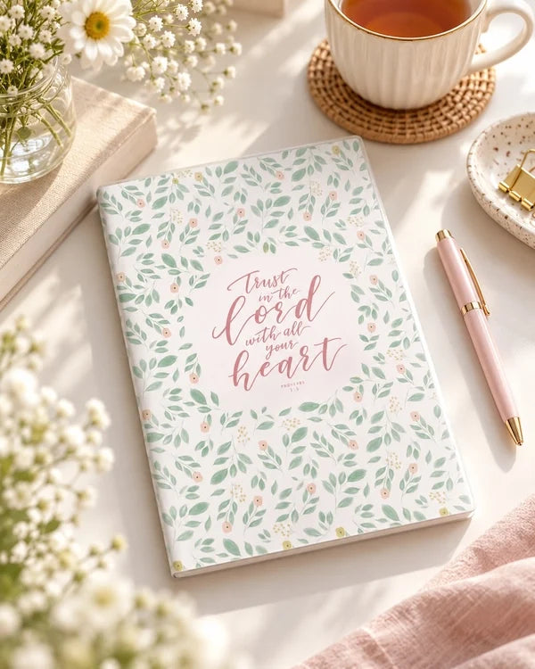 Trust in the Lord A5 notebook with pastel botanicals and Proverbs 3:5 on a bright desk