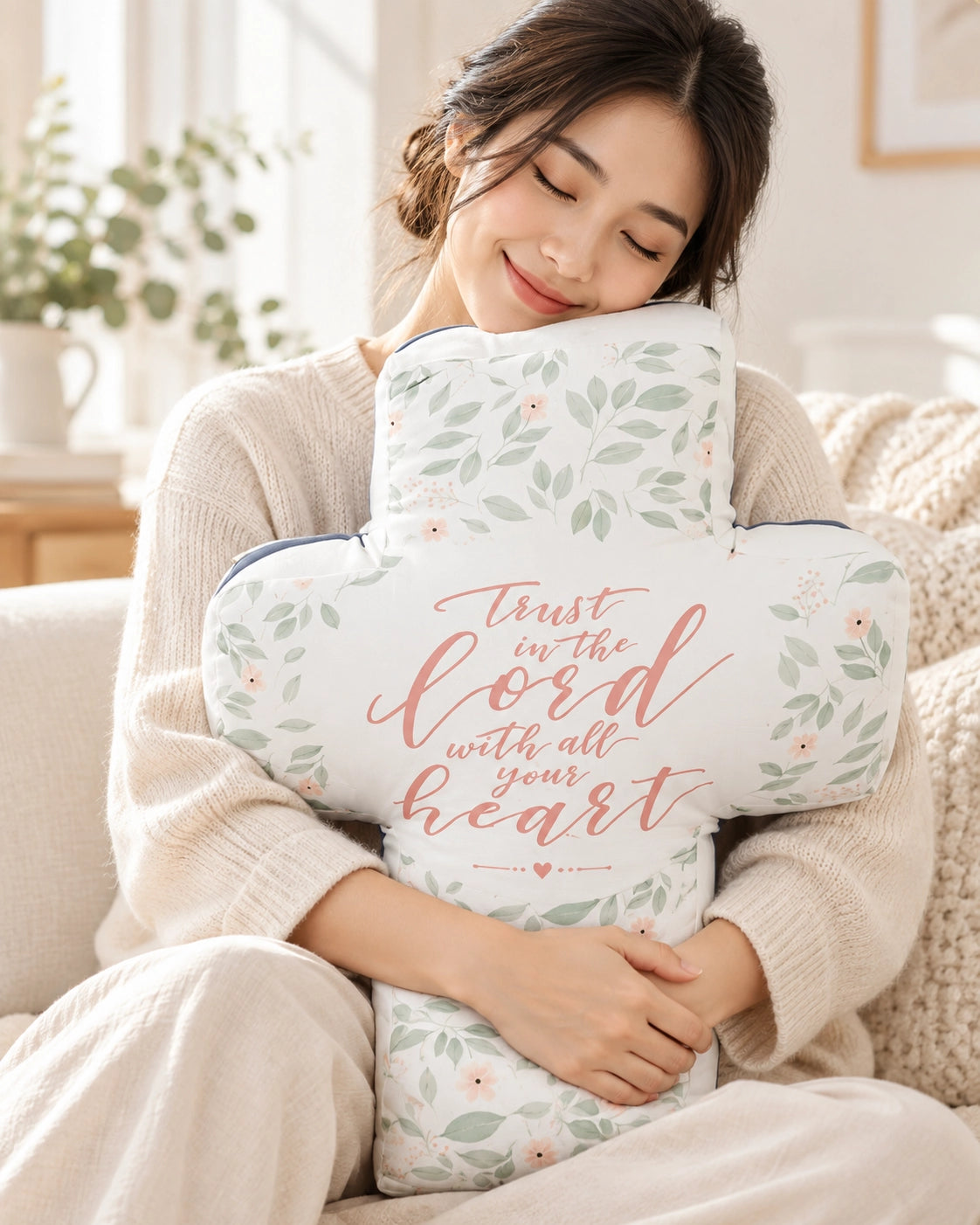 Woman hugging Trust In The Lord cross plush toy in a warm living room.