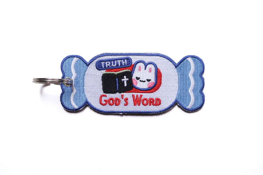 Embroidered candy-shaped Christian keychain with “Truth – God’s Word” design and Bible illustration