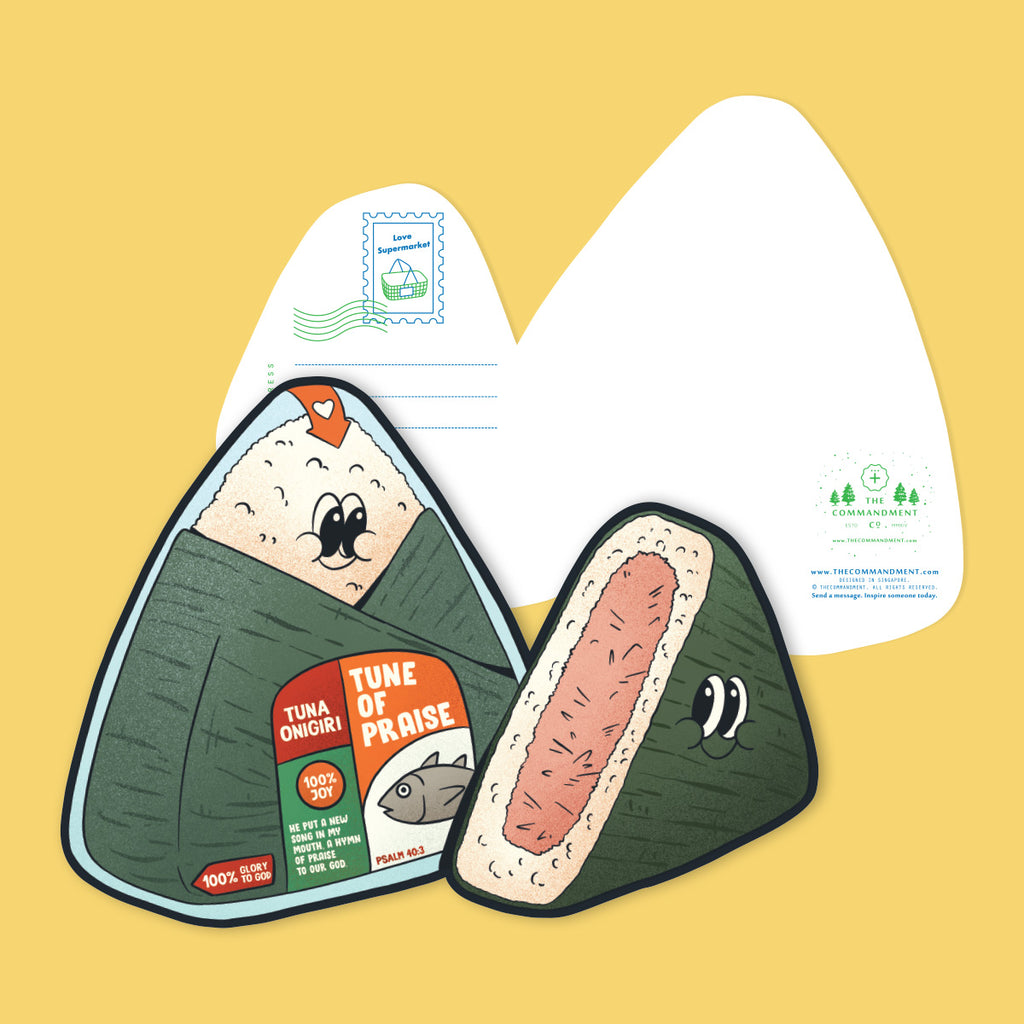 Christian postcard featuring Tuna Onigiri design with the message 'Tune of Praise,' inspired by Psalm 40:3, part of the Love Supermarket series.