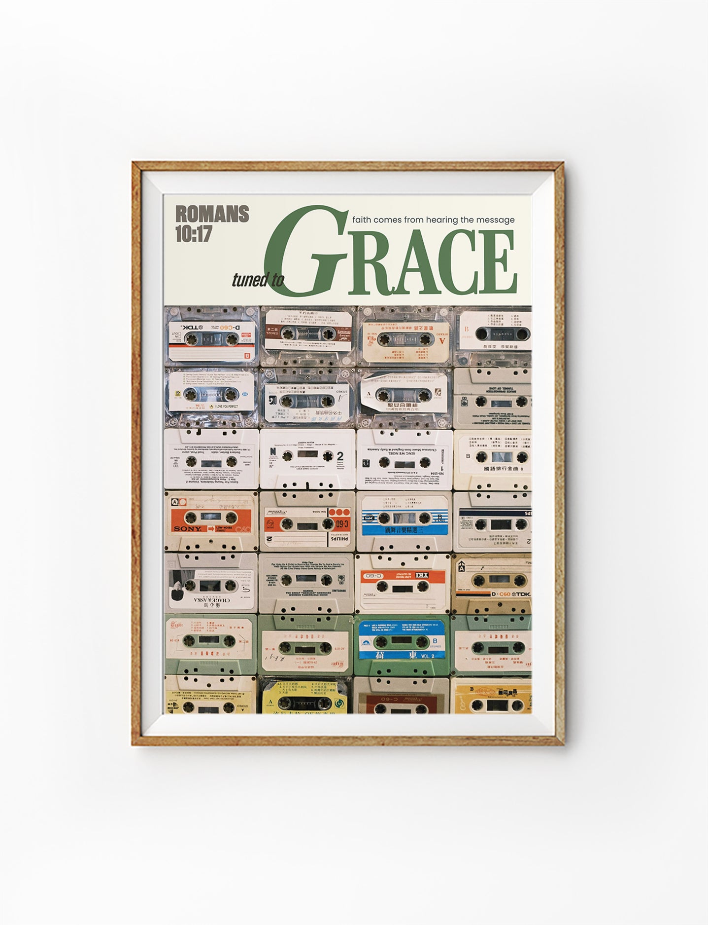 Christian poster with vintage cassette tapes and Romans 10:17, Tuned to Grace, by The Commandment Co