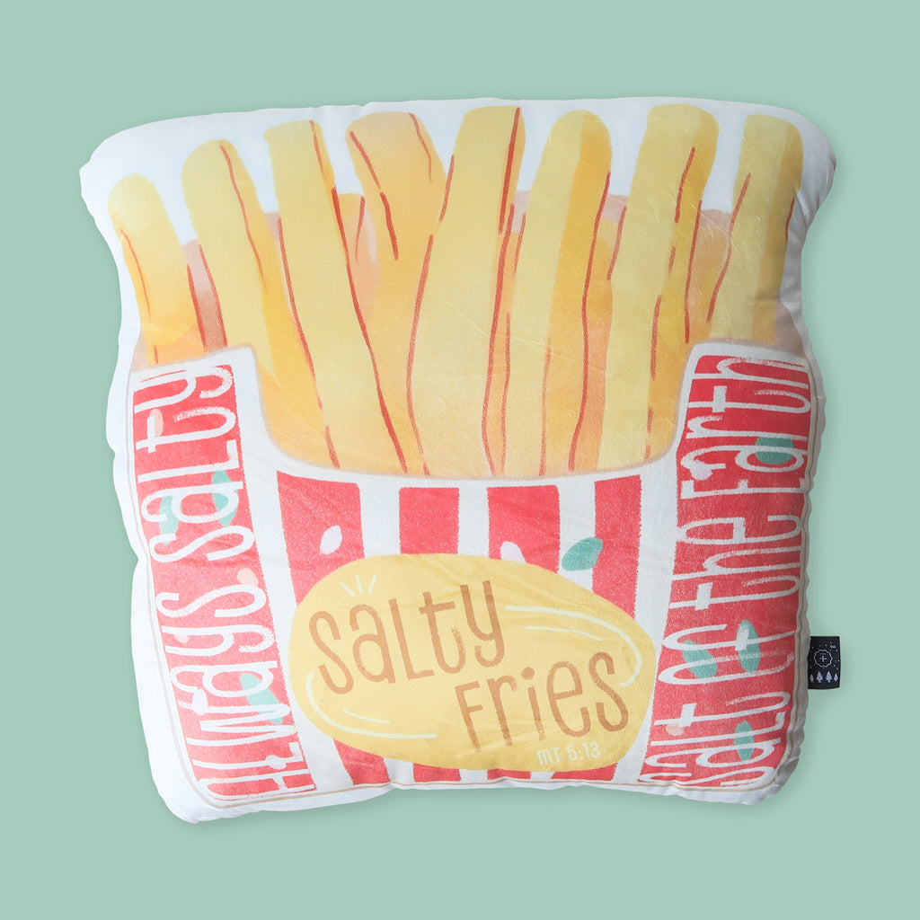 Christian plush pillow designed as salty fries with Matthew 5:13 verse, symbolizing 'salt of the earth' in a playful, faith-inspired style