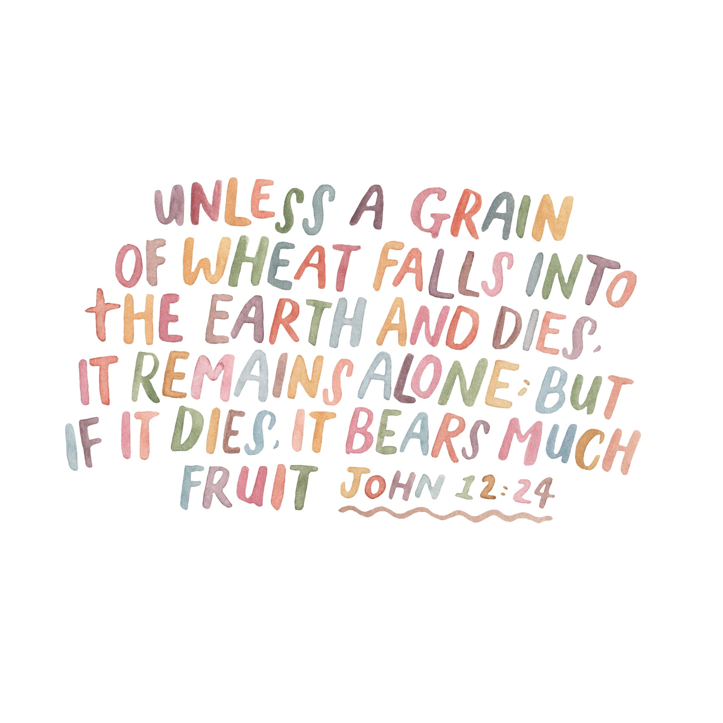 Christian Bible verse card featuring John 12:24, “Unless a grain of wheat falls into the earth and dies, it remains alone; but if it dies, it bears much fruit,” in colourful hand-lettered design.