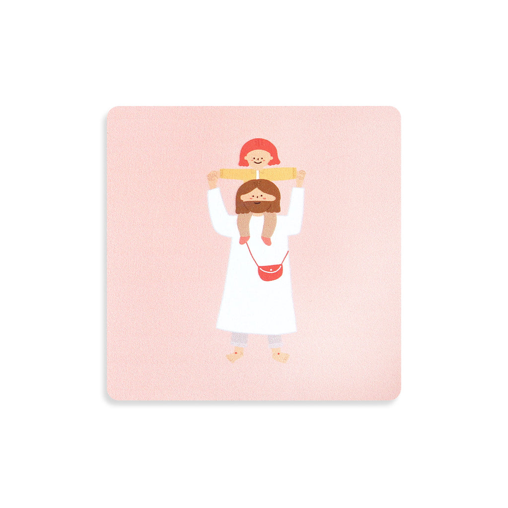 Illustrated coaster showing Jesus holding a child on His shoulders against a pink background, symbolizing love and faith.