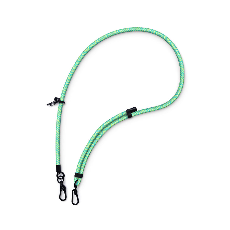 Lime green nylon lanyard with metal clips, designed for securely carrying keys, bags, or outdoor accessories.