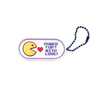  Acrylic video game keychain featuring a retro “Power up with love” message and heart, 7 cm by 3 cm, with a blue ball-chain