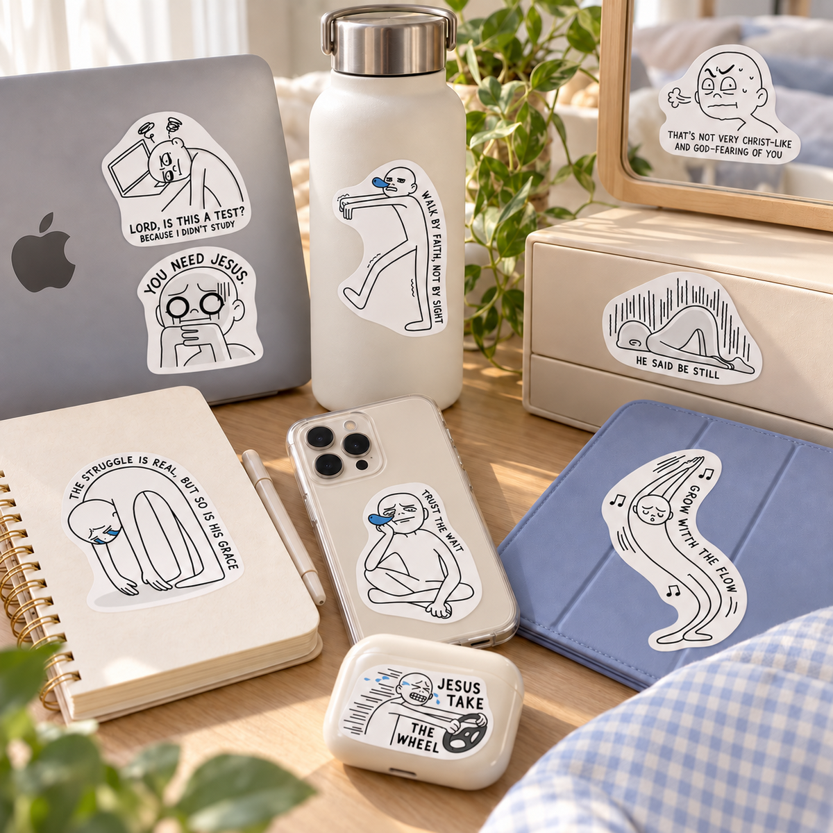 Everyday Believer Vibe Check Christian stickers placed on a laptop, bottle, notebook, phone case and accessories in a bright desk setting.