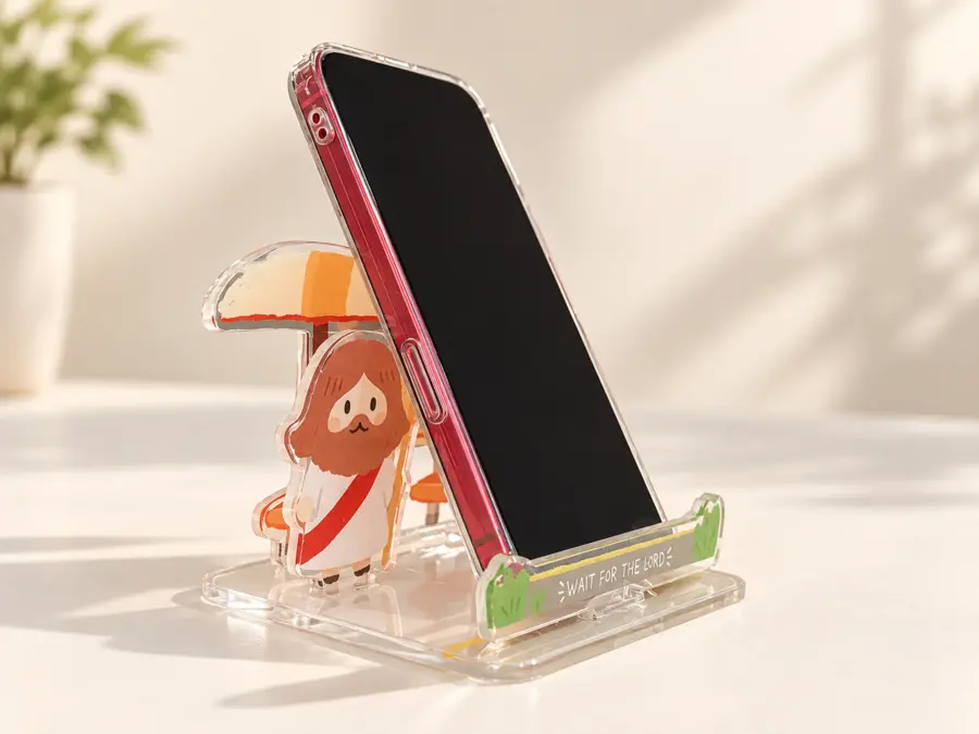 Bus Stop Wait for the Lord acrylic stand supporting a smartphone