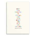 A6 Christian notebook featuring playful, hand-lettered pastel typography with the Bible verse “Wait for the Lord; be strong and take heart and wait for the Lord” from Psalm 27:14 (NIV), illustrated by Moojigae Drawing.