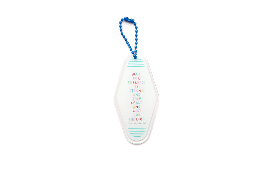 Acrylic motel-style keychain featuring the Bible verse “Wait for the Lord; be strong and take heart” in soft pastel lettering, Christian encouragement keychain collaboration with moojigae_drawing.
