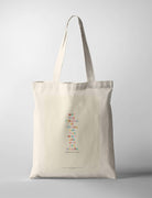Christian tote bag featuring Psalm 27:14 “Wait for the Lord; be strong and take heart” in colourful hand-lettered text