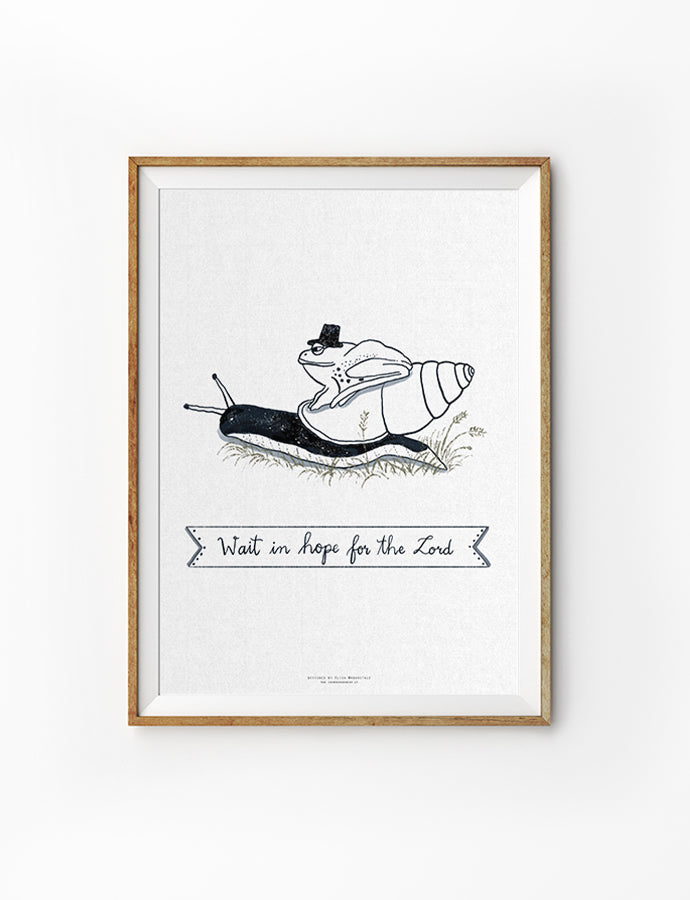 Christian poster featuring “Wait in hope for the Lord” with a whimsical frog and snail illustration