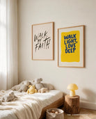 Walk By Faith Christian poster displayed in a warm children's bedroom beside colourful faith wall art