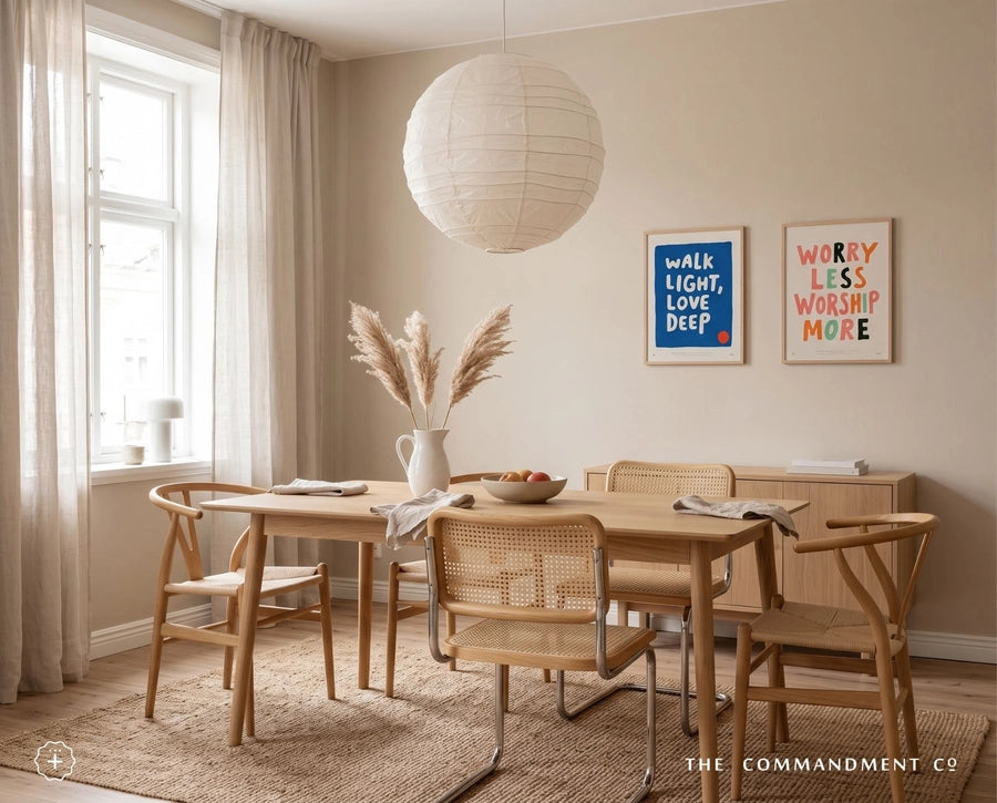 Walk Light Love Deep blue Christian poster displayed beside Worry Less Worship More wall art in a warm neutral dining room