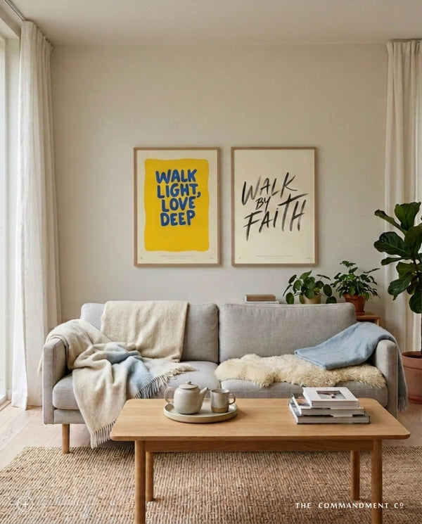 Walk Light Love Deep Christian poster displayed beside Walk By Faith wall art in a warm neutral living room