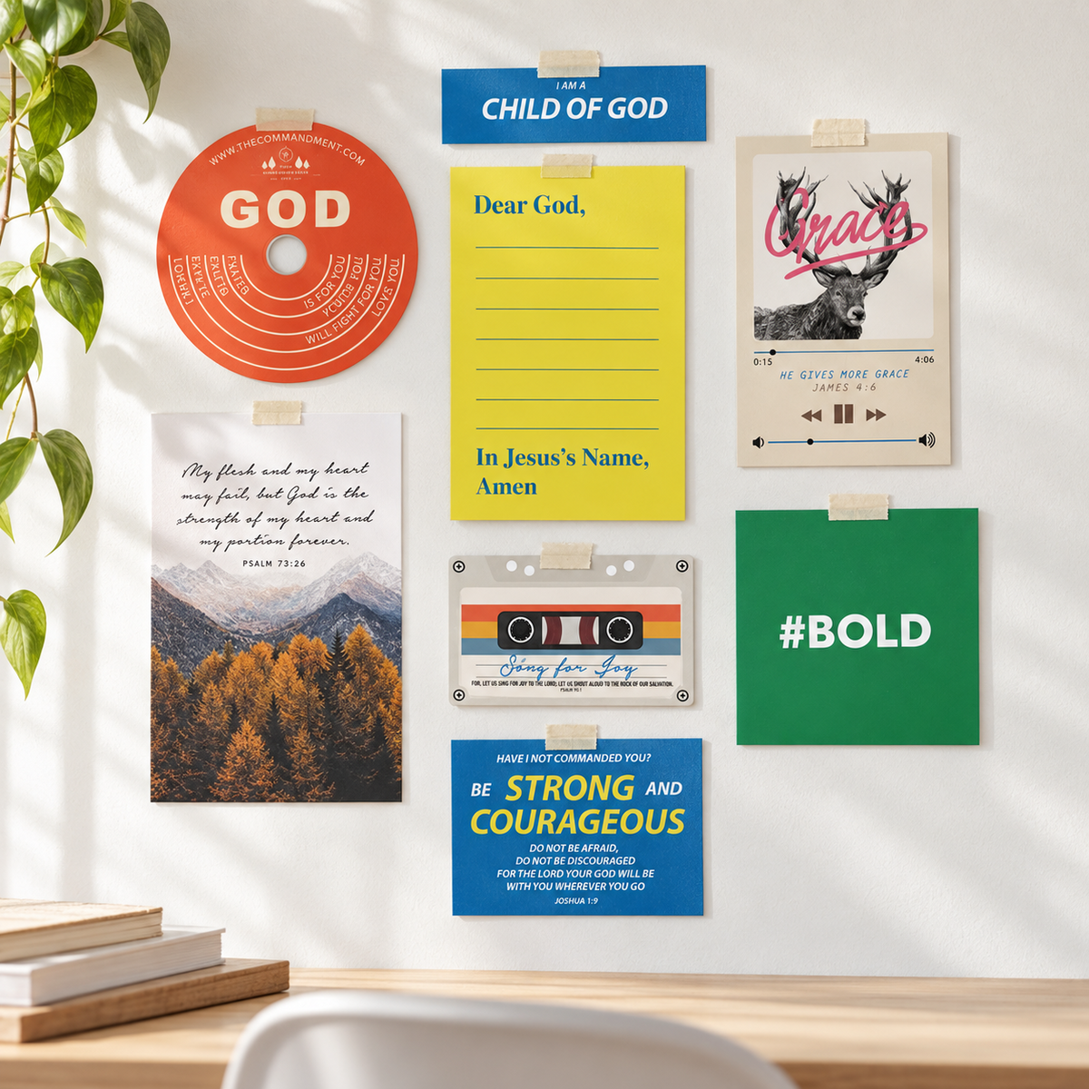 Wall Display Pack Christian art cards taped on a bright home wall above a desk