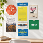 Wall Display Pack Christian art cards taped on a bright home wall above a desk