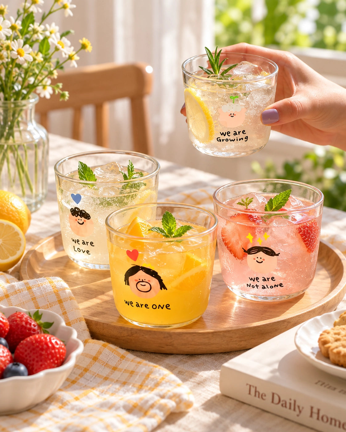 We Are One mini glass cups with colourful drinks styled on a sunny table
