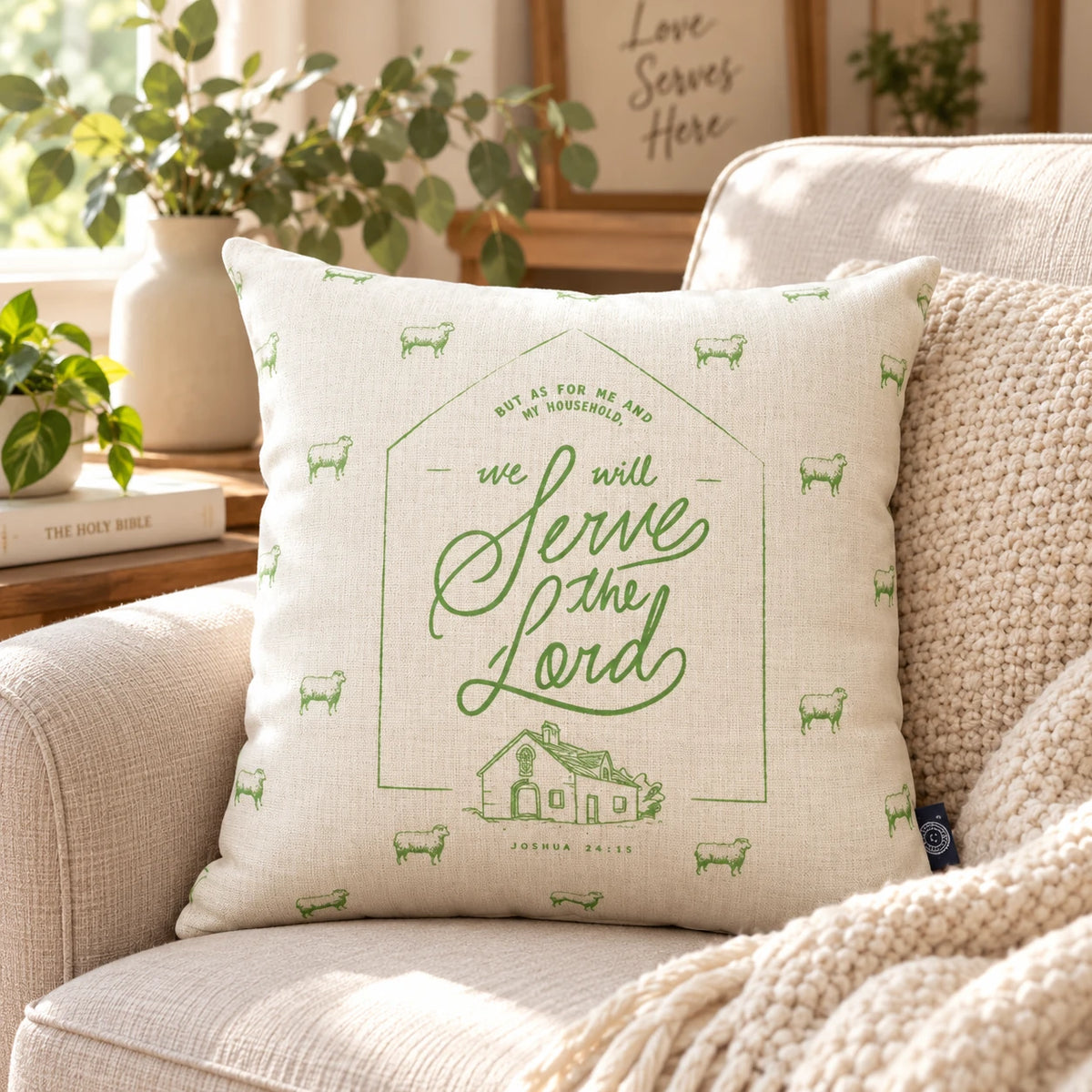 We Will Serve the Lord cushion cover on a cream sofa in a sunlit living room