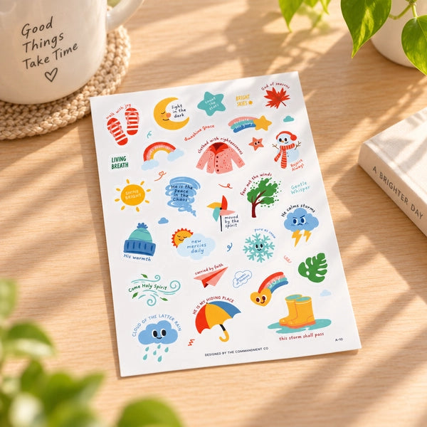 Weather Everyday Stickers Christian sticker sheet displayed on a sunlit wooden table