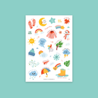 Weather Stickers Sticker Sheet with transparent background featuring faith-inspired weather and season designs like “This Storm Shall Pass,” “New Mercies Daily,” and “He Calms the Storm” by The Commandment Co.