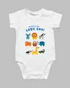 White Welcome to the Love Zoo Christian baby romper with colourful zoo animal illustrations