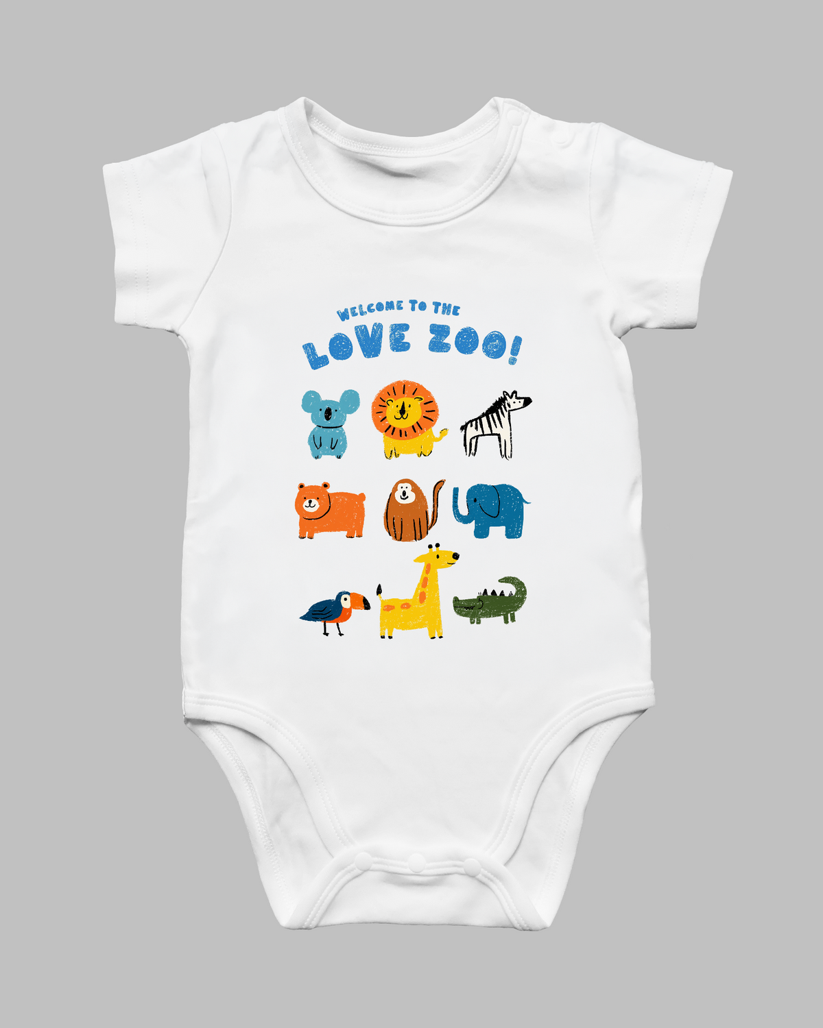 White Welcome to the Love Zoo Christian baby romper with colourful zoo animal illustrations