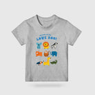 Welcome to the Love Zoo kids’ T-shirt in grey with colourful illustrated zoo animals