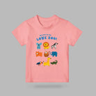 Welcome to the Love Zoo kids’ T-shirt in pink with colourful illustrated zoo animals
