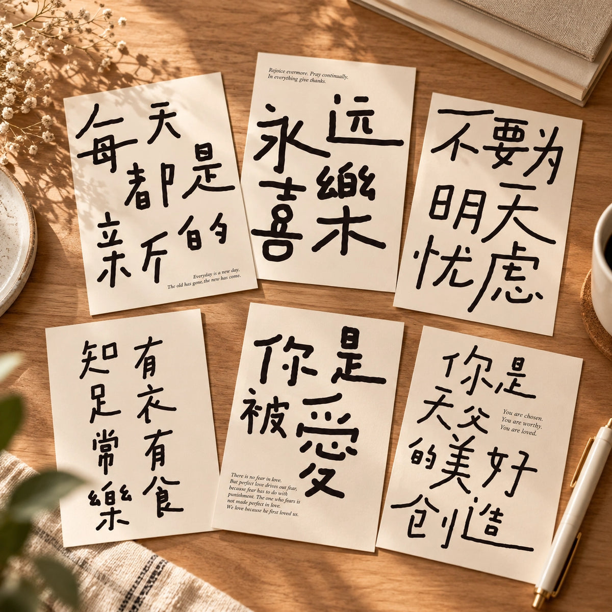 Six Chinese Christian cards from What a Friend We Have in Jesus Collection 9 arranged on a sunlit wooden table.
