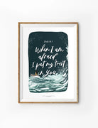 When I am Afraid Christian poster by Kristen Kiong featuring Psalm 56:3 with a small boat in stormy ocean waves