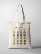 Christian kids tote bag featuring a feelings chart with illustrated emotions and the verse “Be still and know that He is God” from Psalm 46:10.
